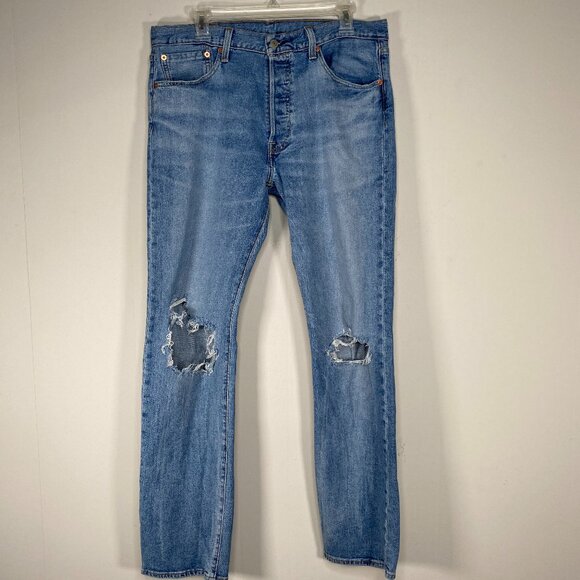 Levi's 501 Original Fit Men's 34 x 32 Mid Rise Blue Distressed Casual Pants - Picture 1 of 15